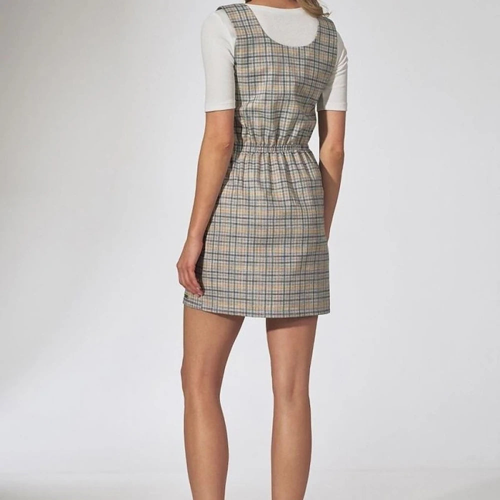 Checked Midi Dress with Braces & Pockets