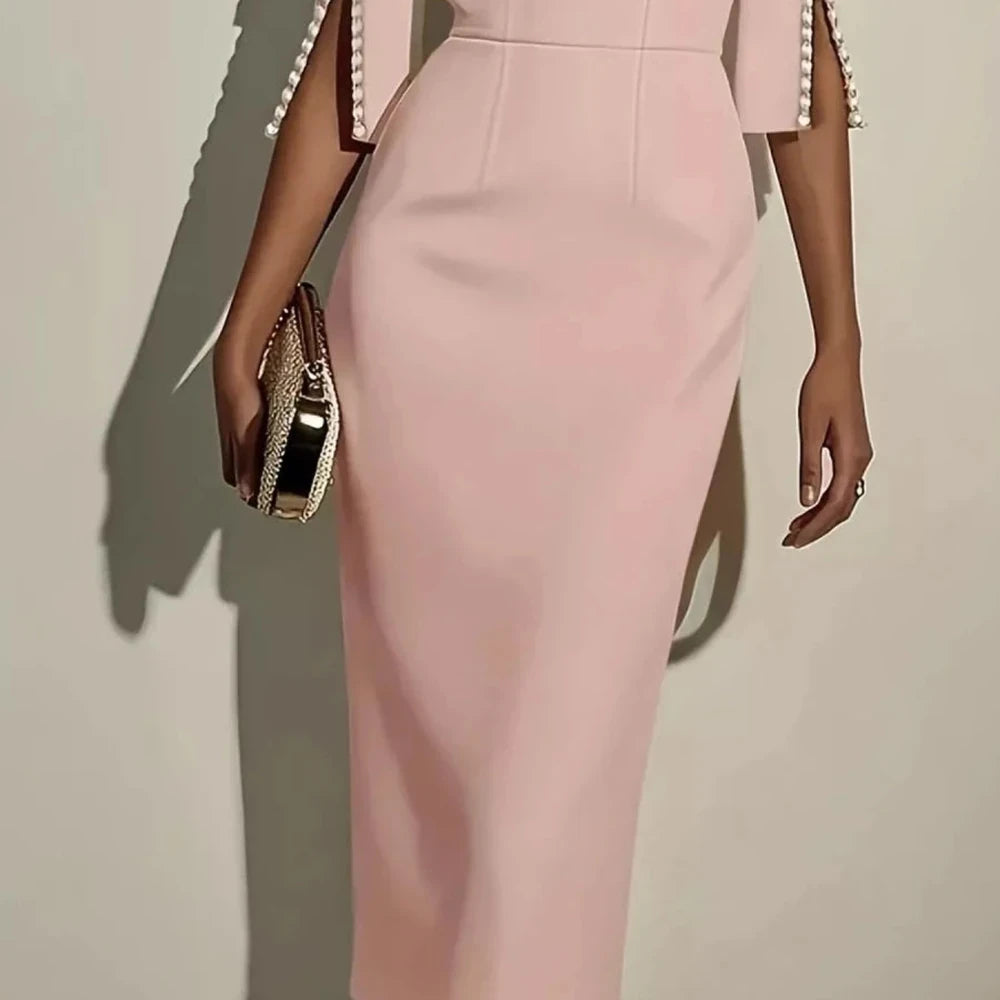 Elegant Midi Dress with Beaded Slit Sleeve