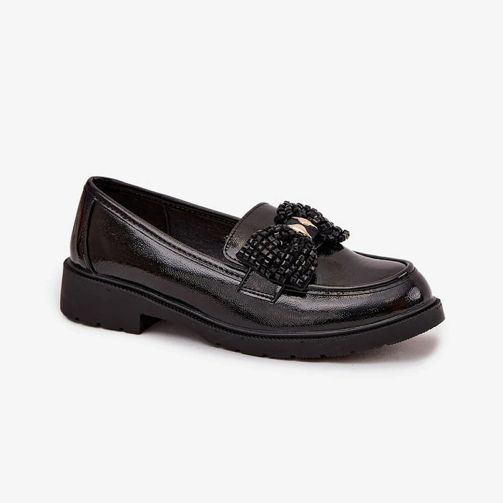Women's Black Leather Loafers with Bow Detail