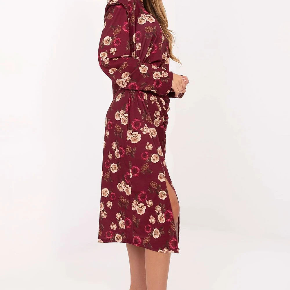 Midi Dress with Floral Pattern and Long Sleeves