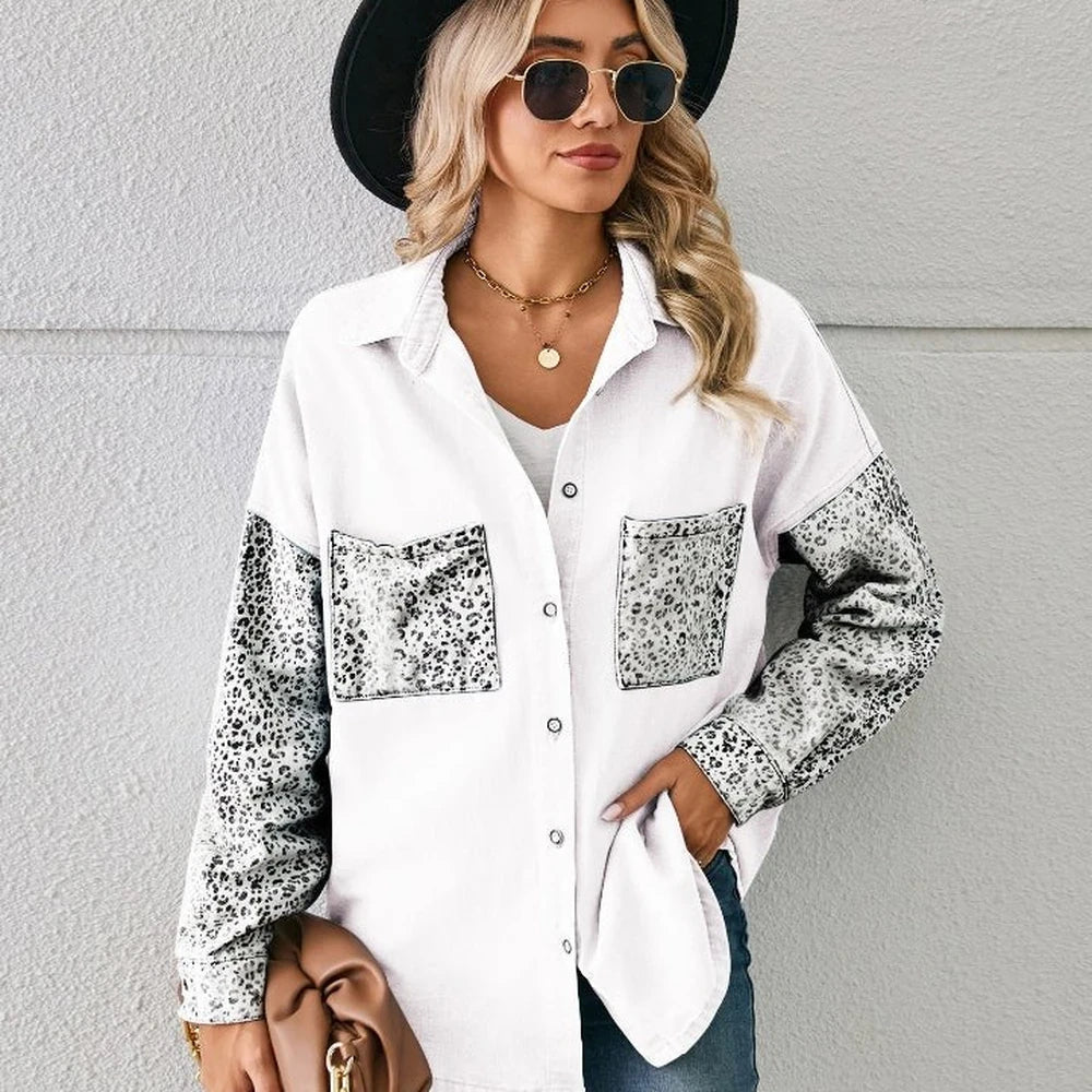 Leopard Print Button Up Denim Jacket