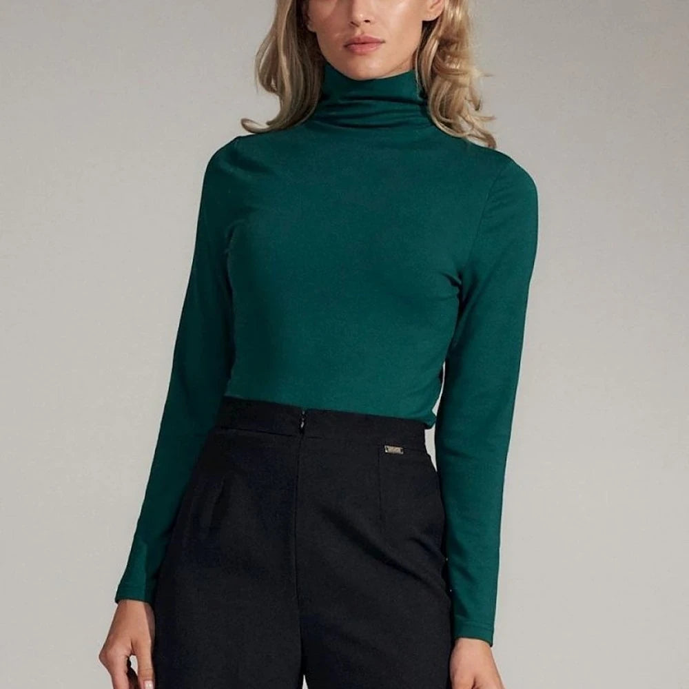 White Turtleneck Long Sleeve Blouse - Viscose Blend