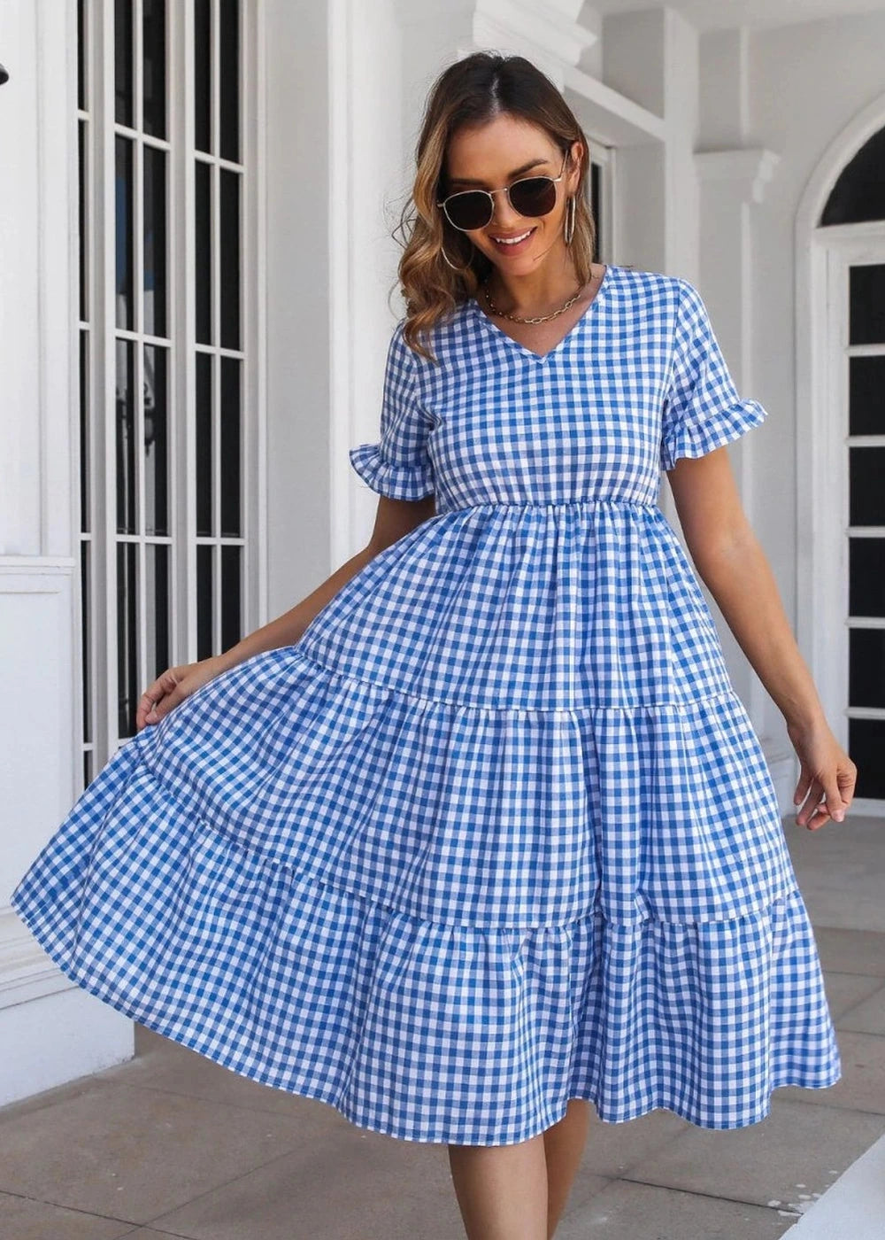 Plaid cotton blend midi dress