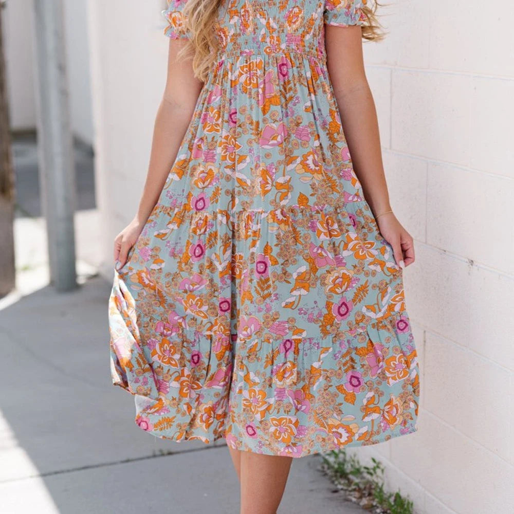 Floral Flounce Sleeve Midi Dress