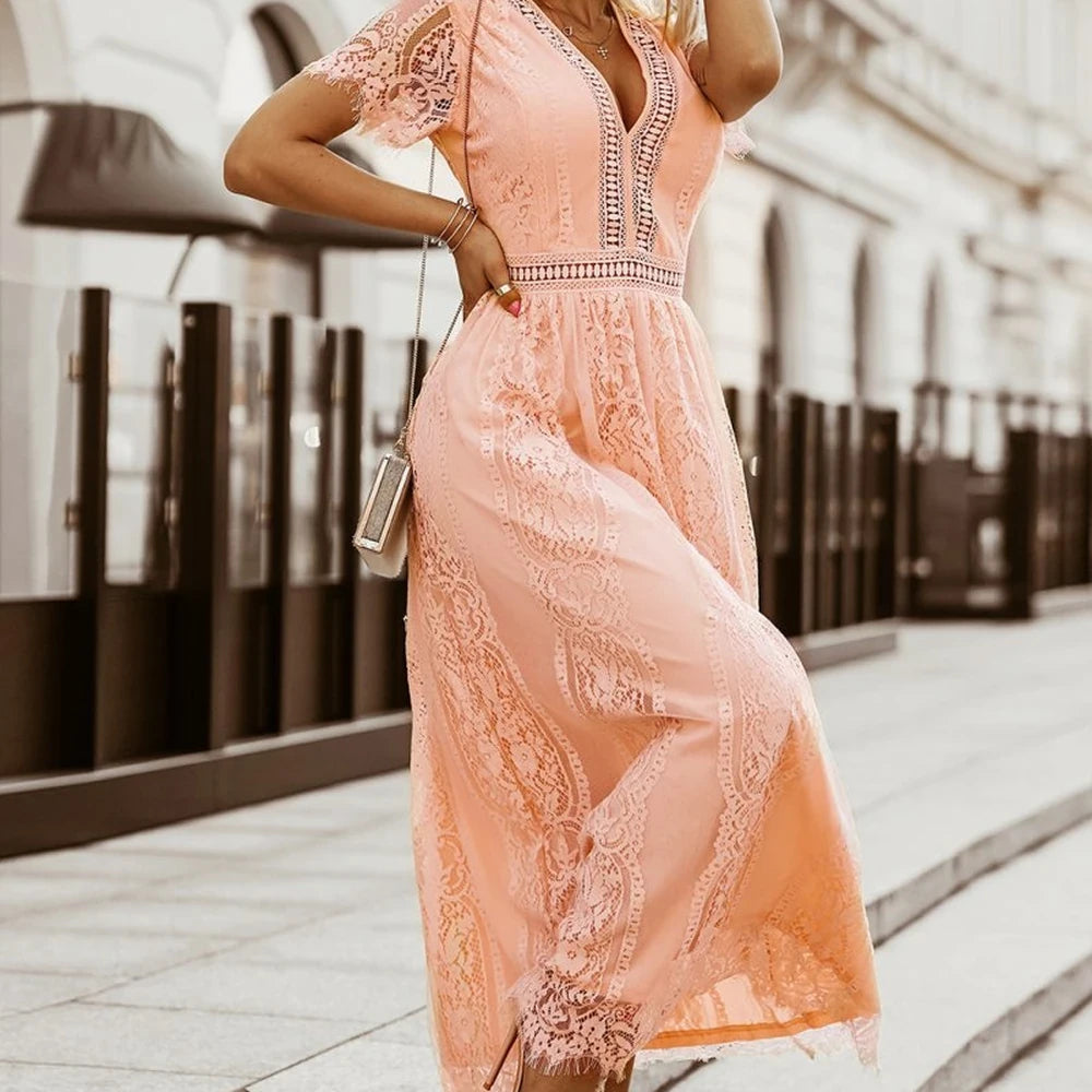 Scalloped Lace V-Neck Maxi Dress