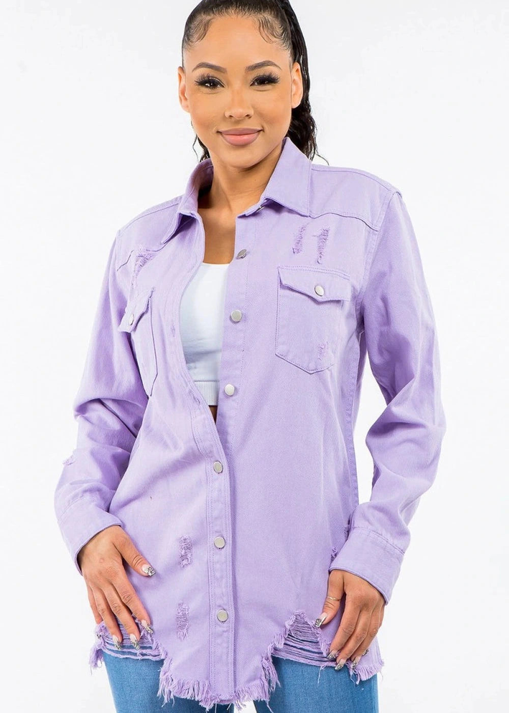 Lavender distressed denim jacket
