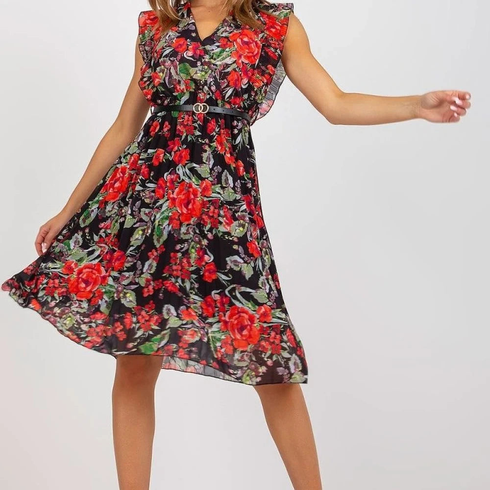 Pleated Summer Dress with Ruffle Sleeves