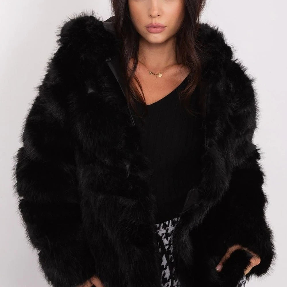 Women's Fur Hooded Jacket with Hook-and-Loop Closure