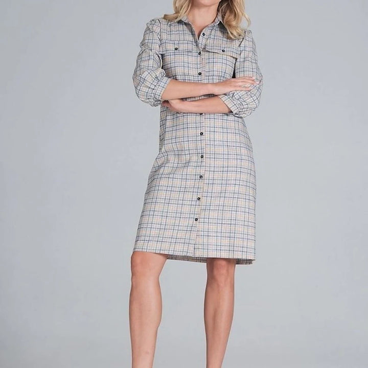 Midi Shirt Dress with Collar and 3/4 Sleeves