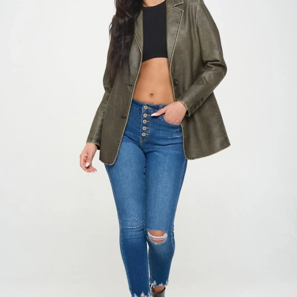 Vegan Leather Single-Breasted Blazer