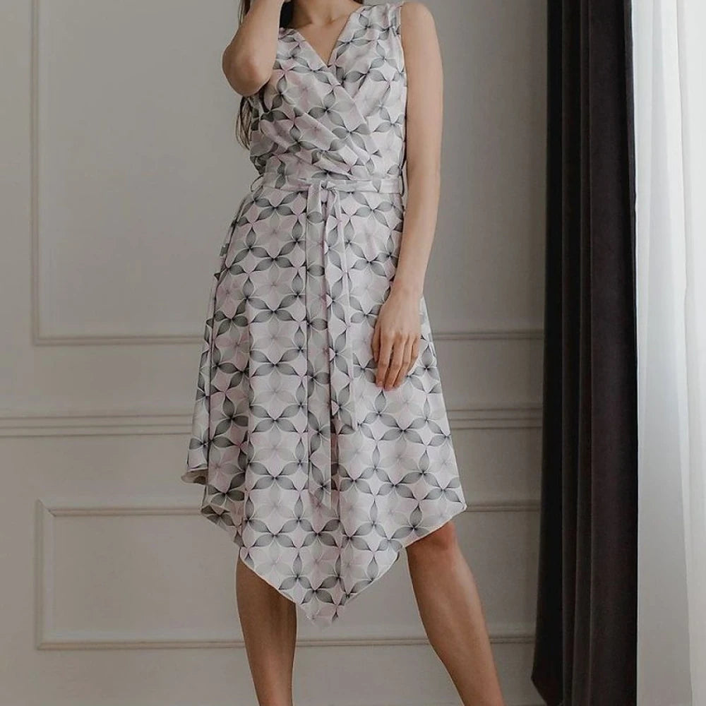 Patterned Midi Dress with Tie Belt