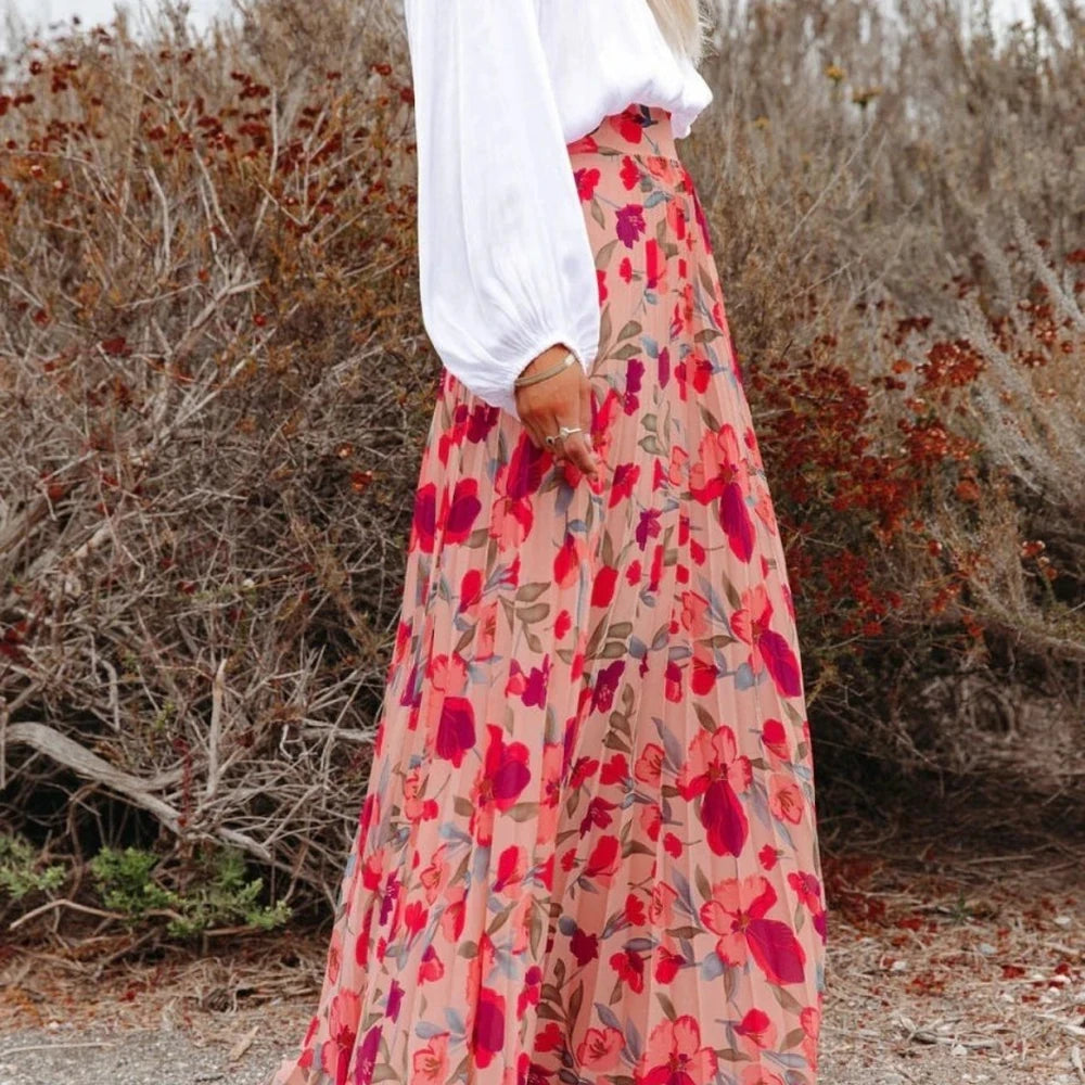 Printed Elastic Waist Maxi Skirt