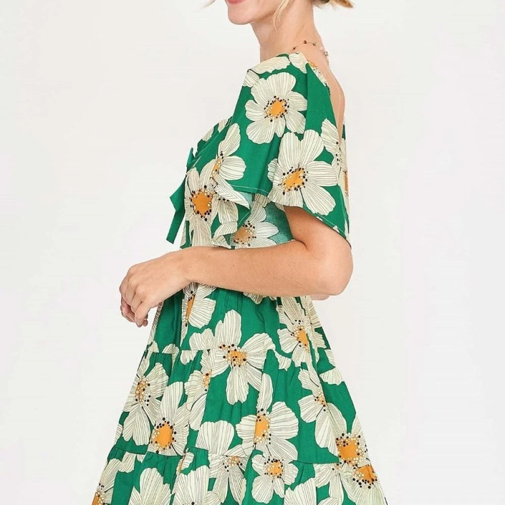 Daisy Print Mini Dress with Ribbon Details