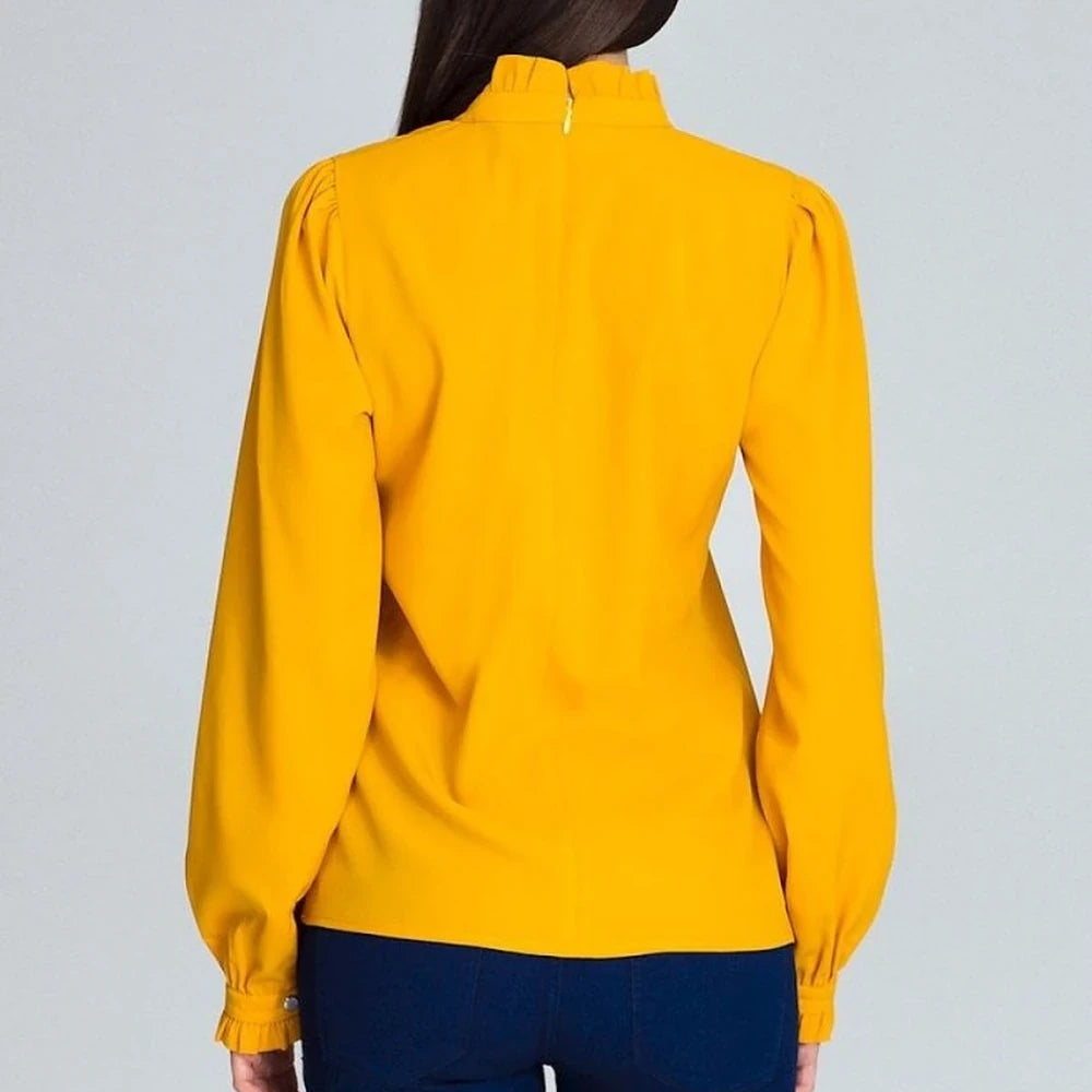 Pleated Sleeve Frill Blouse - Long Sleeve Top