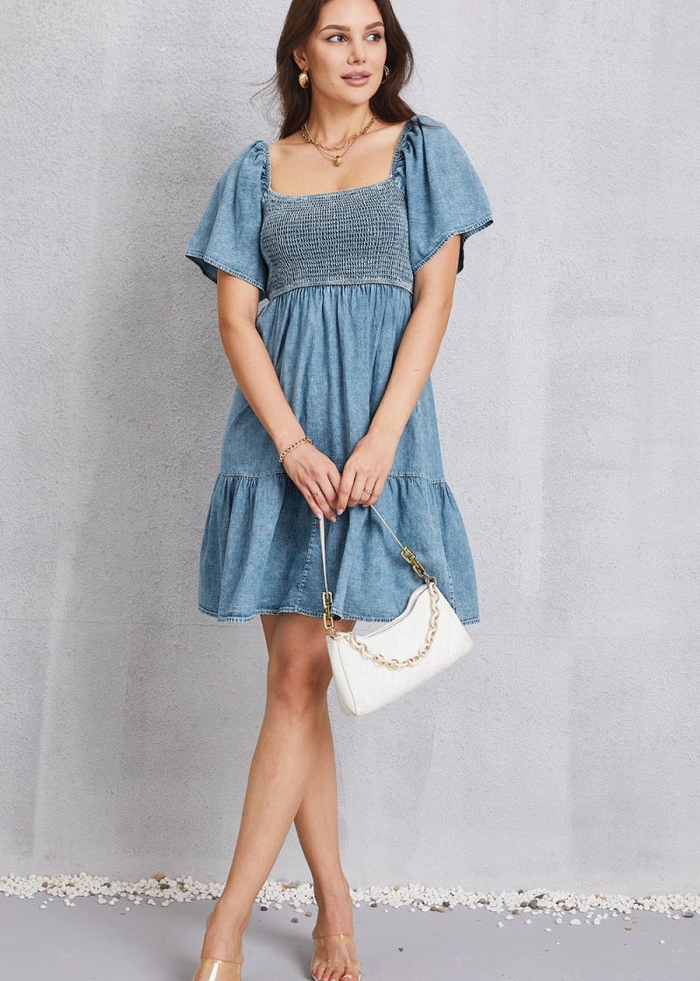 Smocked square neck mini denim