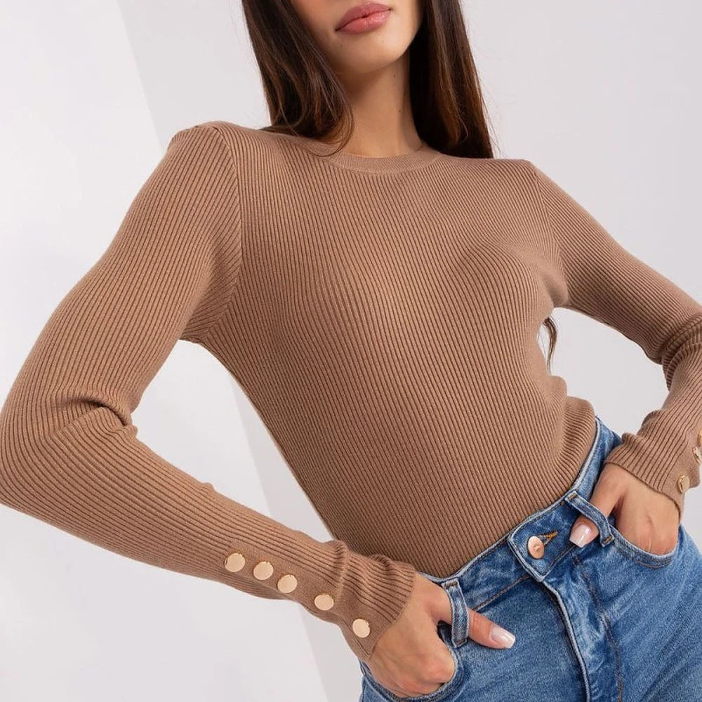 Ribbed Knit Sweater with Sleeve Buttons