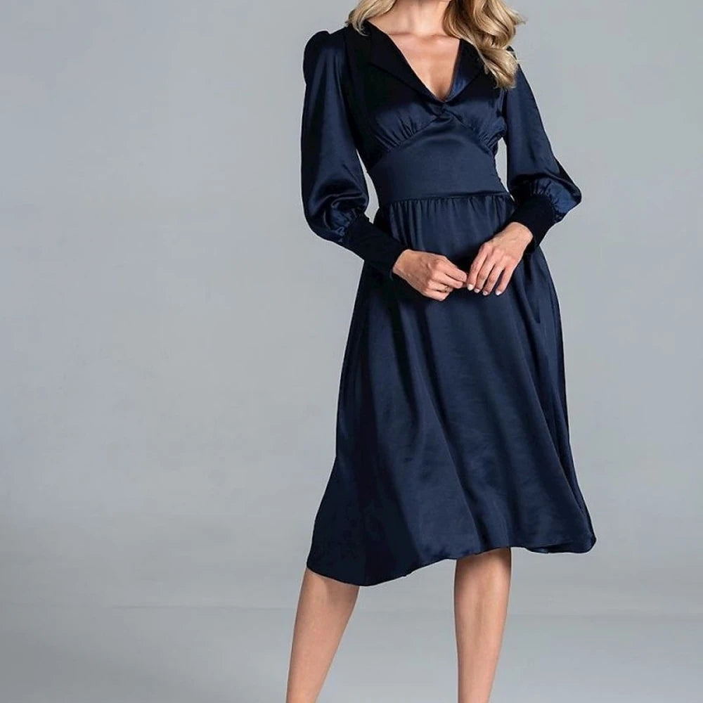 Midi Satin Dress with Lapel Neckline