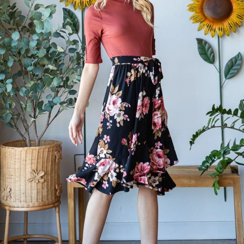 Floral Wrap Ruffle Hem Midi Skirt