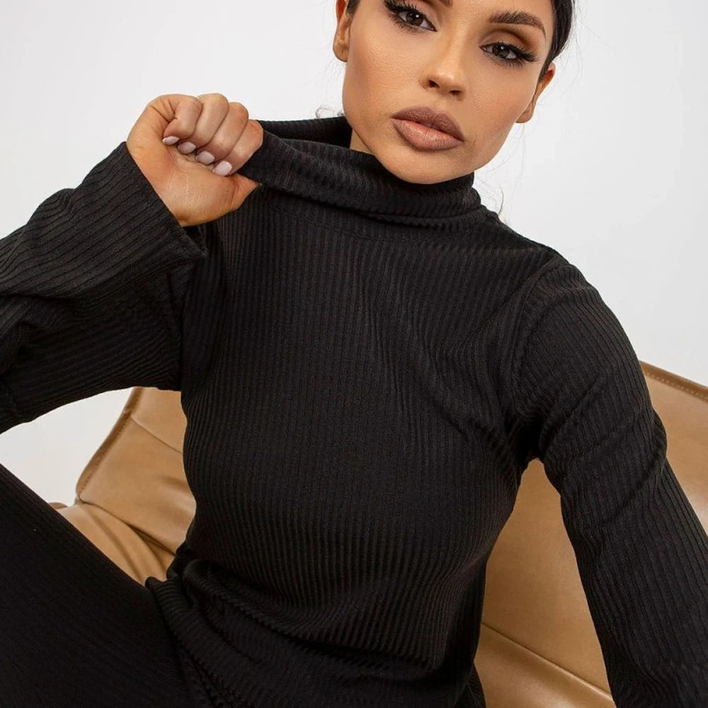 Ribbed Turtleneck Blouse with Long Sleeves