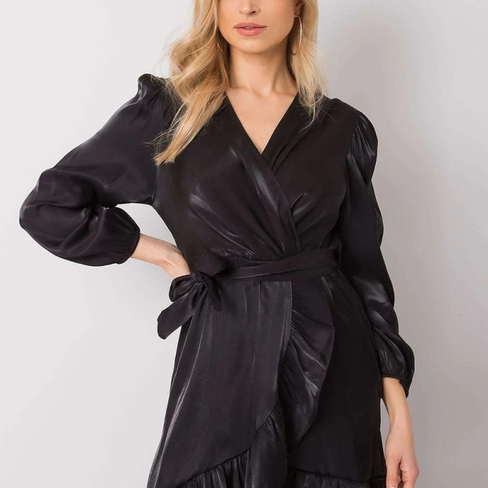 Black Frill Long Sleeve Dress with Tie Belt
