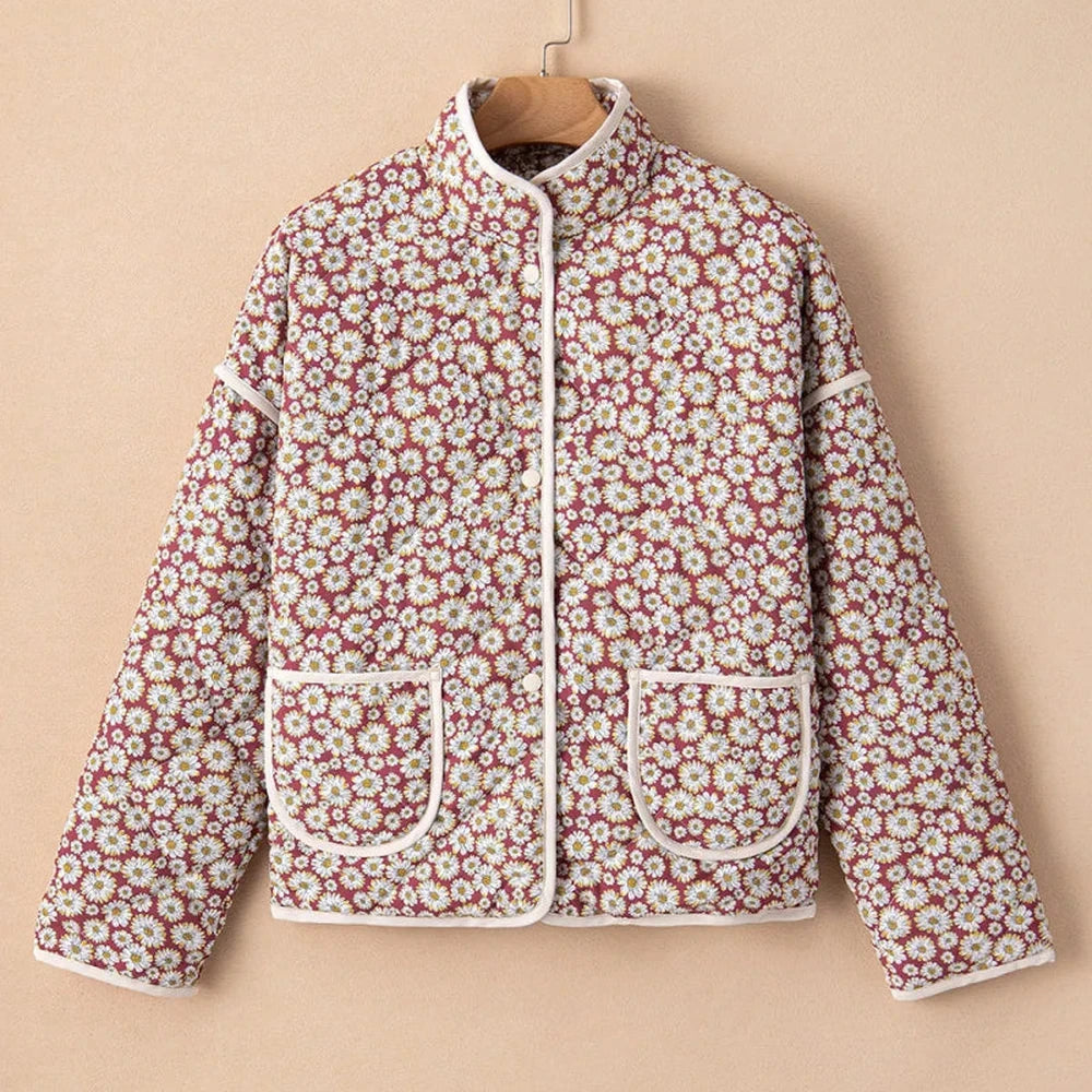 Floral Mock Neck Coat with Pockets