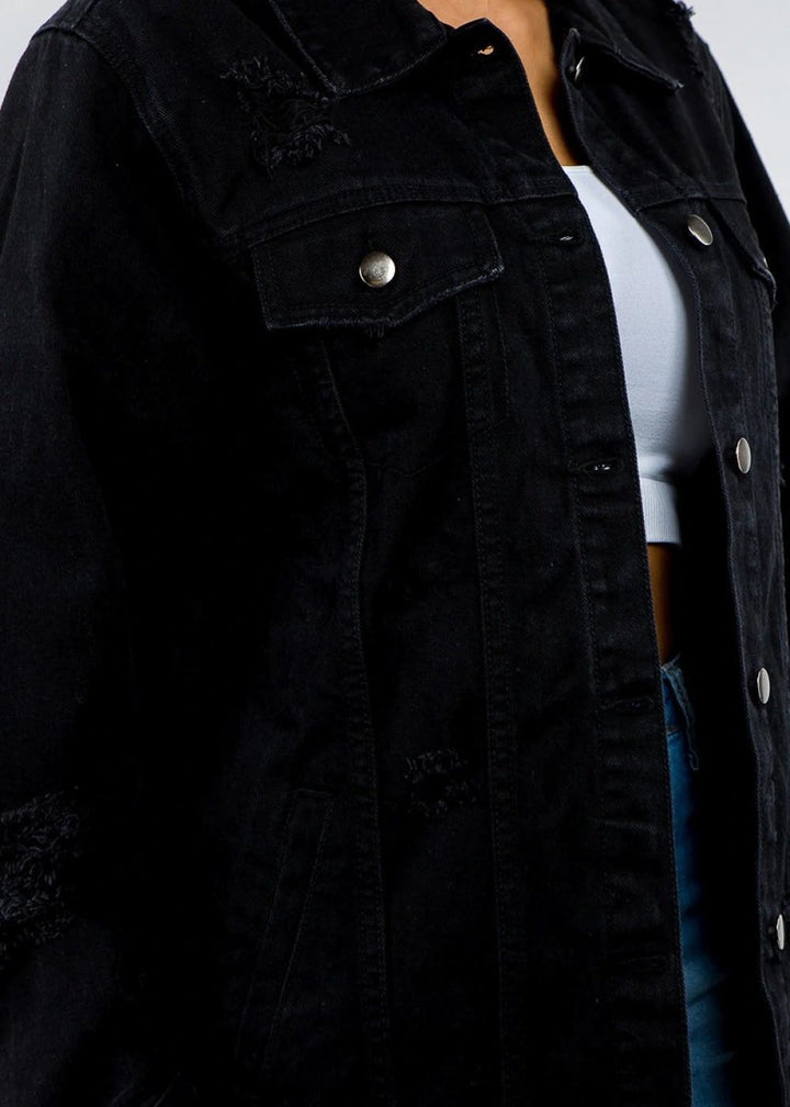 Distressed cotton blend denim jacket