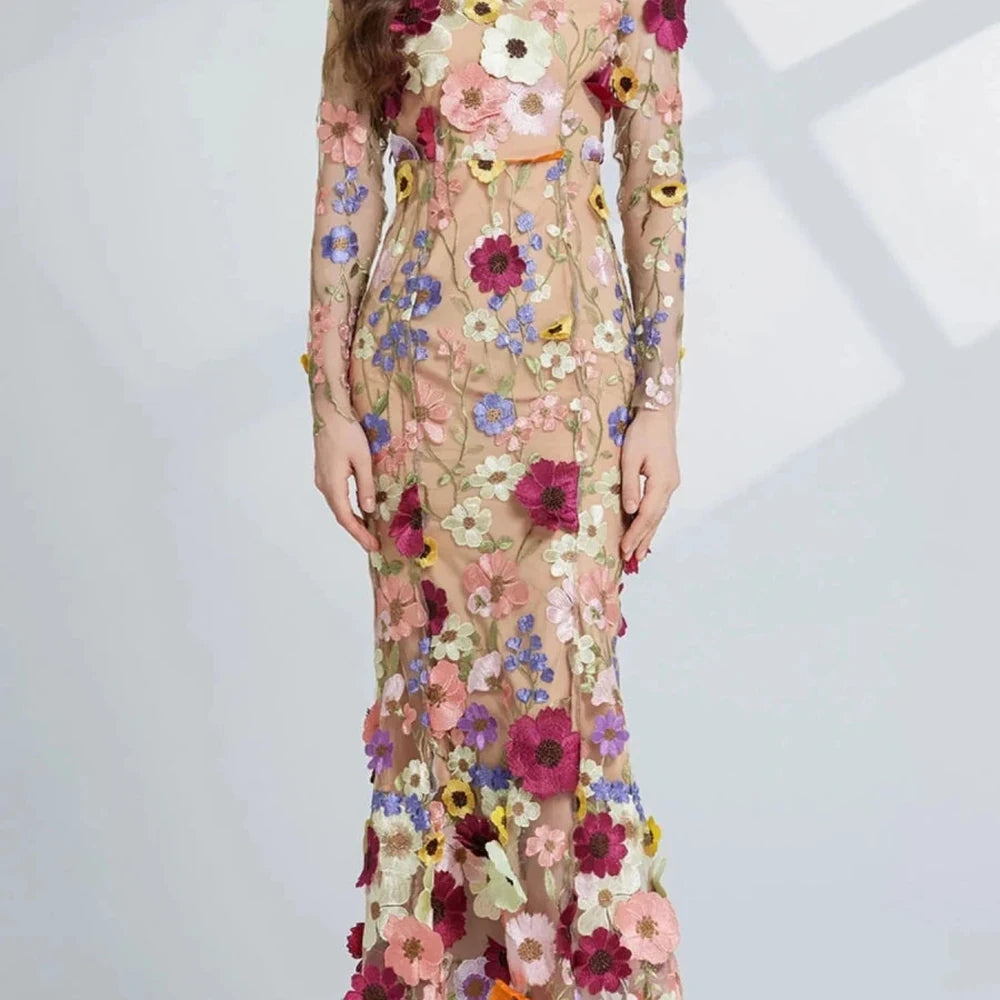 Floral Embroidered Mesh Midi Dress