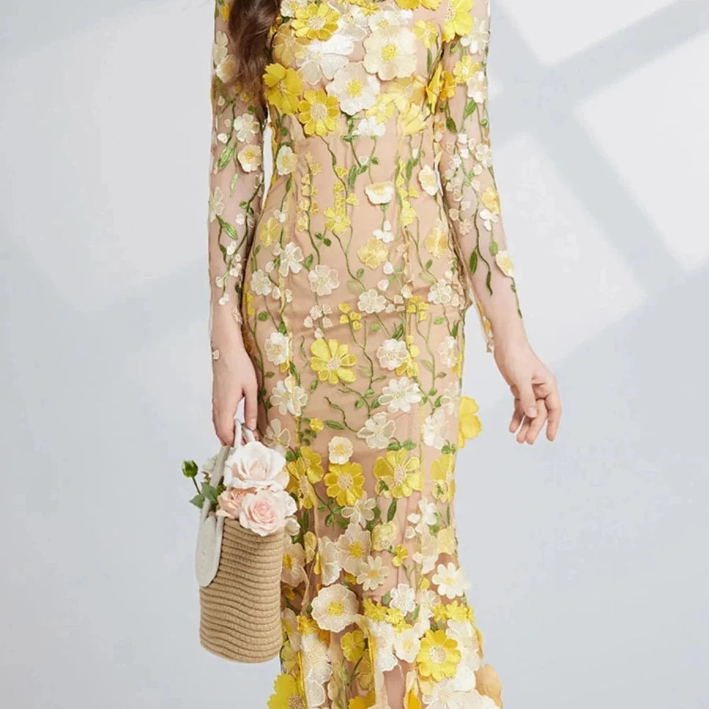 Floral Embroidered Mesh Midi Dress