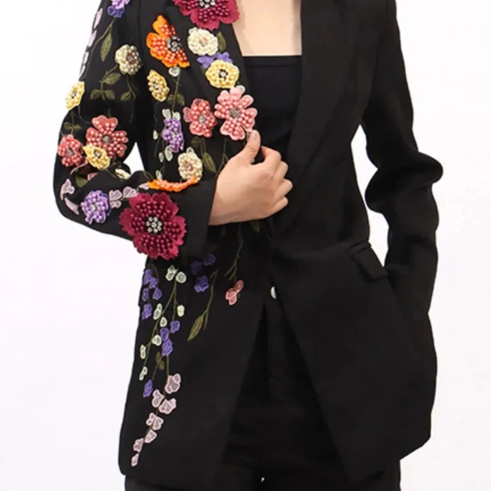 Pearl Detail Blazer with Flower Lapel