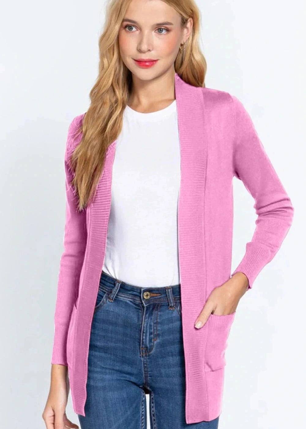 Active basic ribbed trim open front cardigan