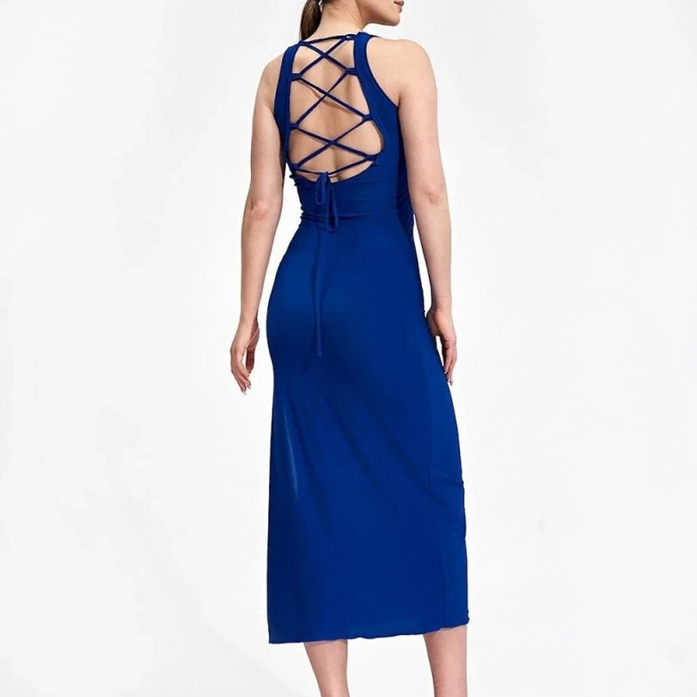 Fitted Midi Dress with Tied Back Neckline