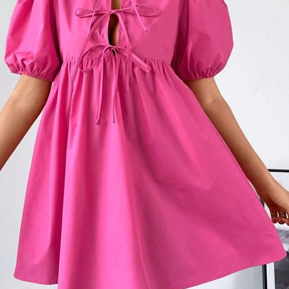 Puff Sleeve Tie Front Mini Dress