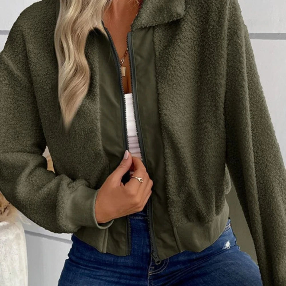 Sherpa Zip-Up Collared Neck Cropped Jacket