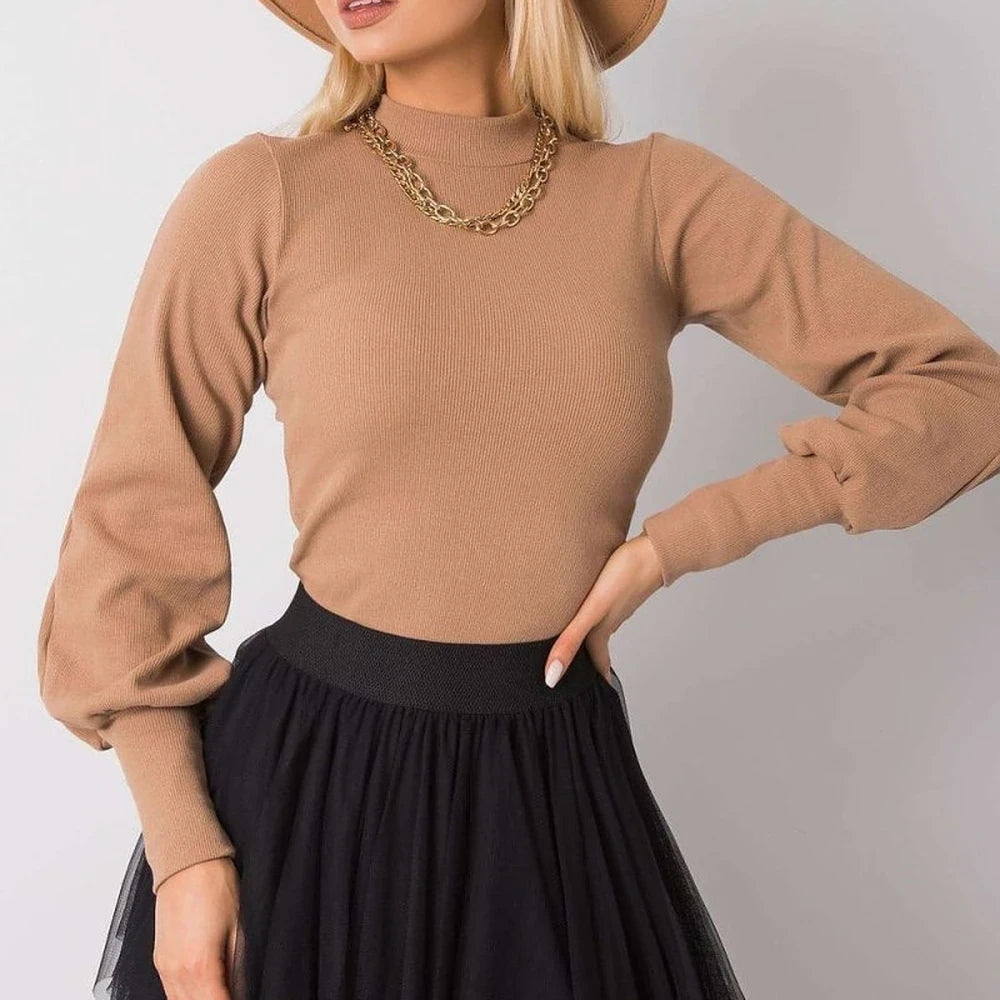 Ribbed Blouse with Long Sleeves and Wide Cuffs