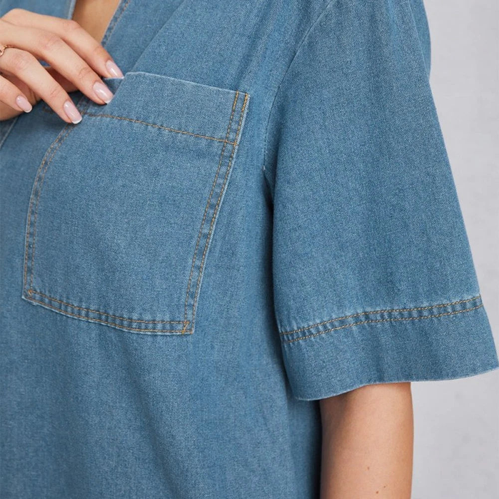 Denim Pocketed Mini Dress with Collar