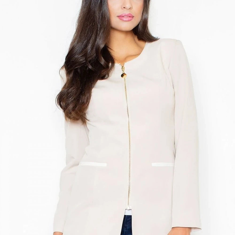 Beige Knit Long Jacket with Zipper