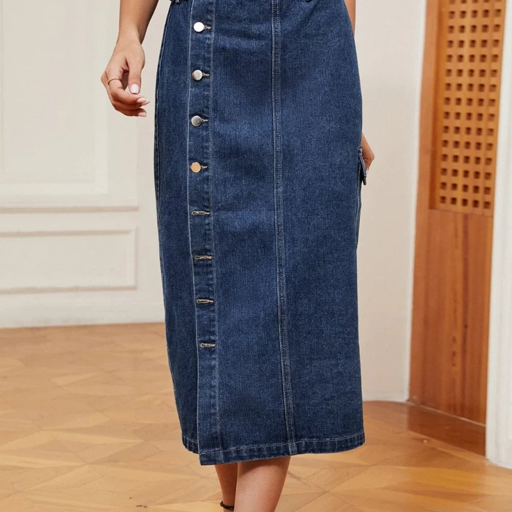 Midi Button Down Denim Skirt