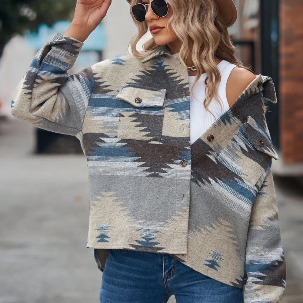 Printed Collared Neck Long Sleeve Casual Jacket