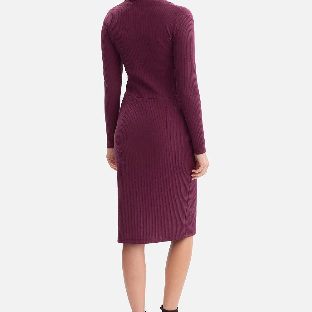 Ribbed Midi Dress with V-Neck and Front Slit
