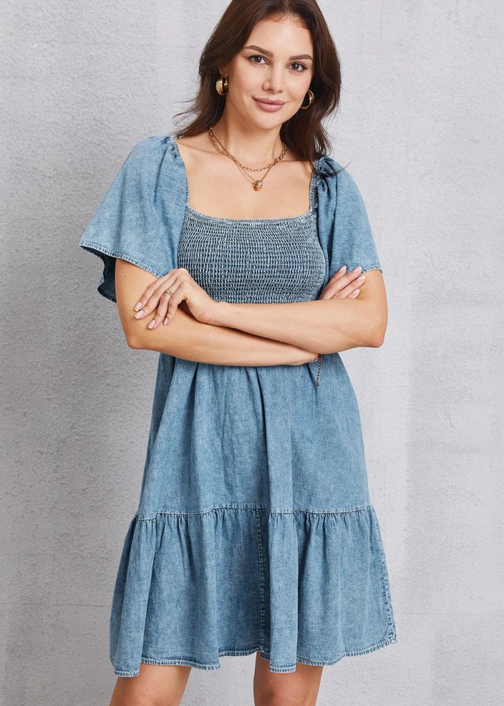 Smocked square neck mini denim