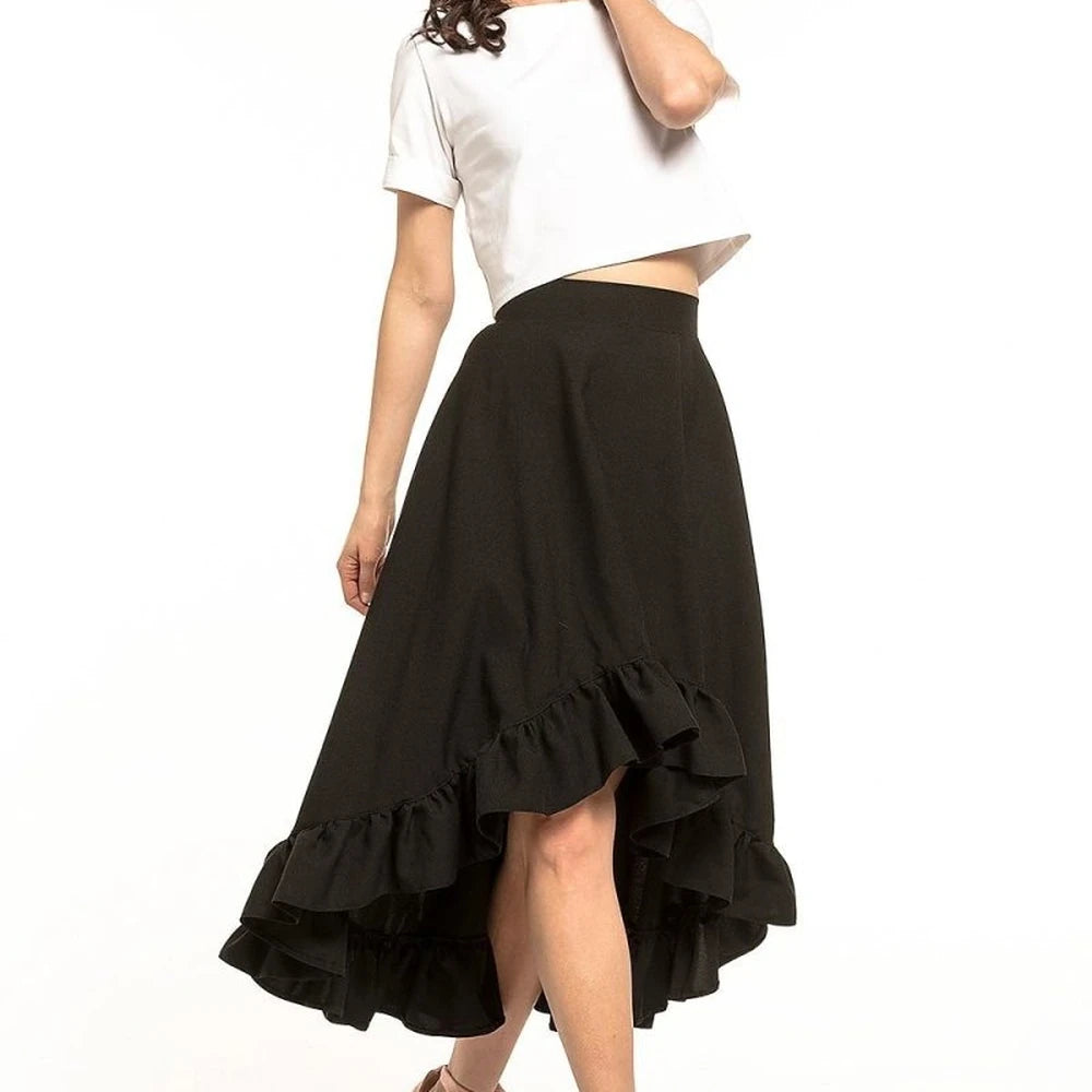 Asymmetrical Midi Skirt with Frill Detail