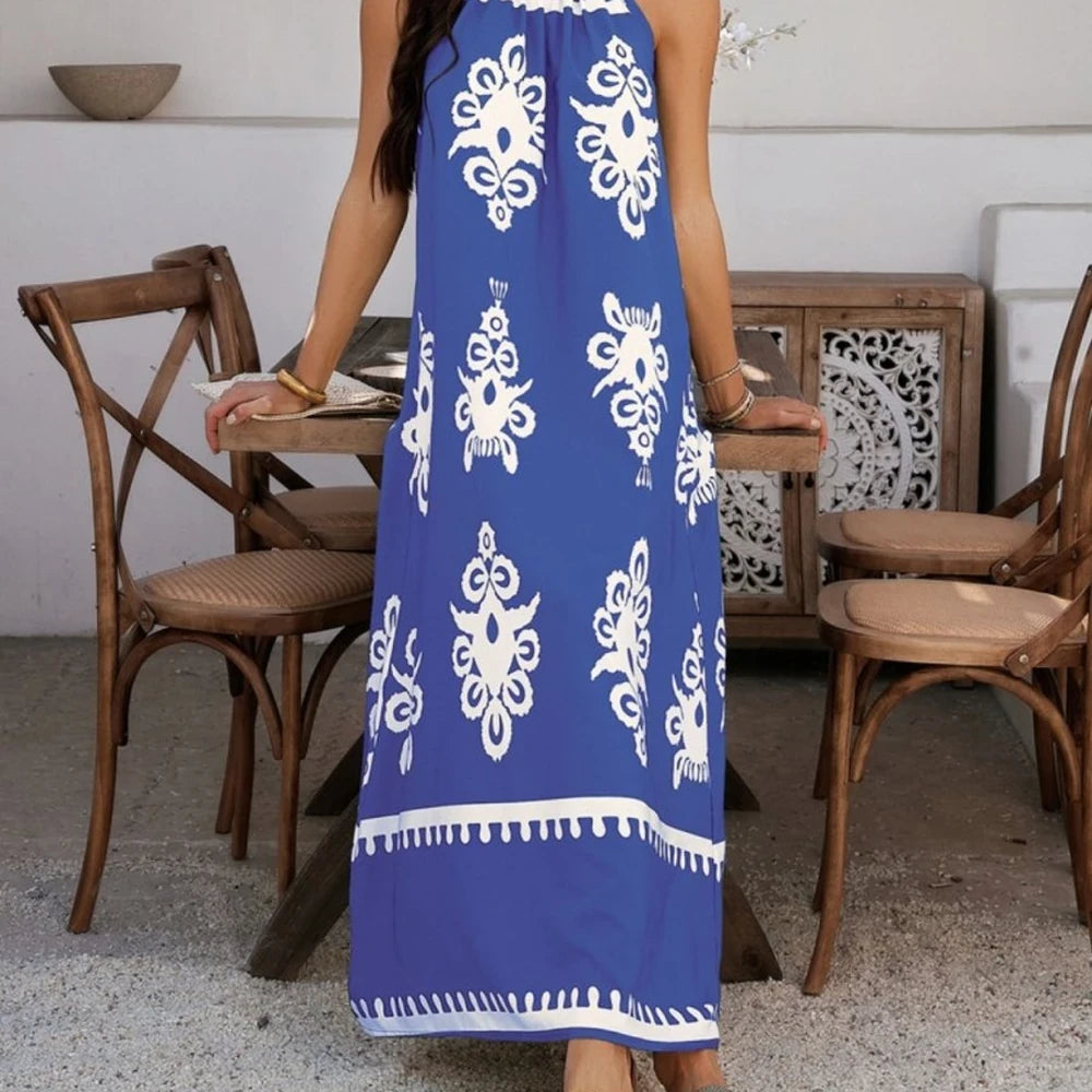 Printed Maxi Dress with Grecian Neck