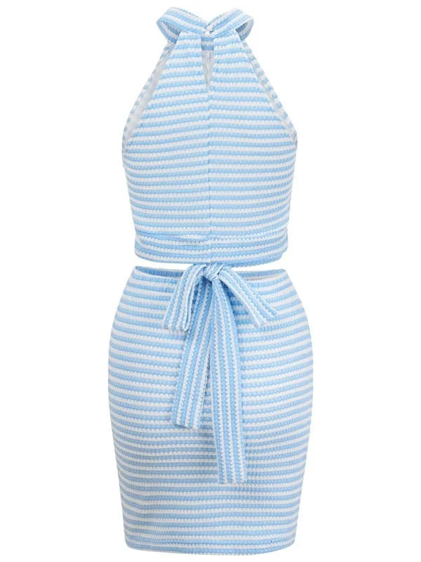 Blue and white striped knit crop top with halter neckline and matching pencil skirt with tie waist