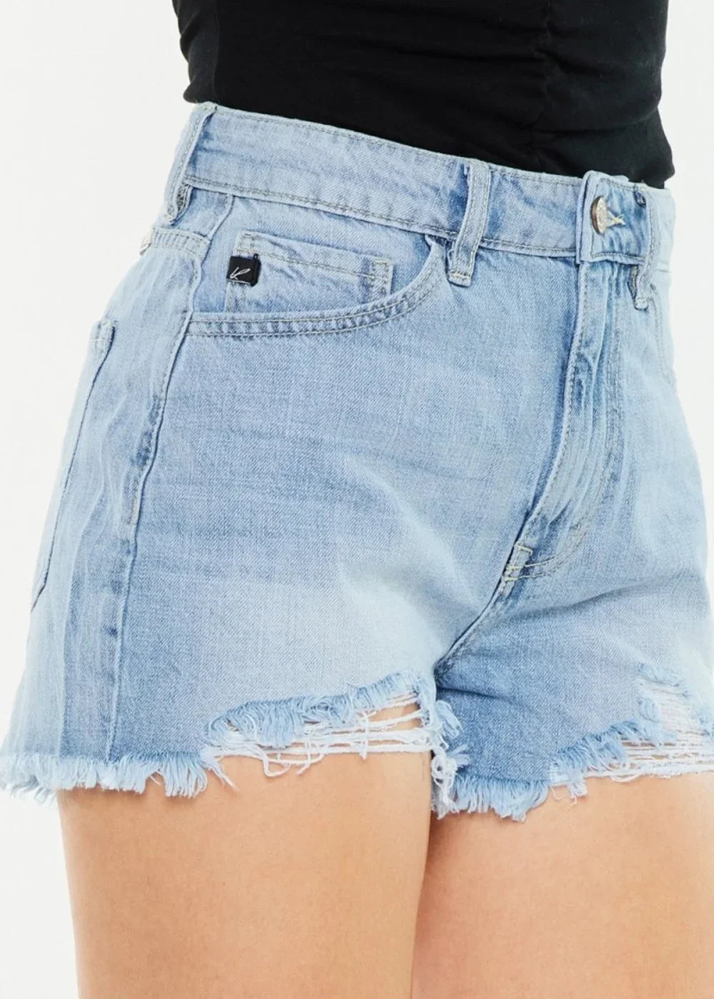 Light blue distressed denim shorts with frayed hem and a button fly closure.