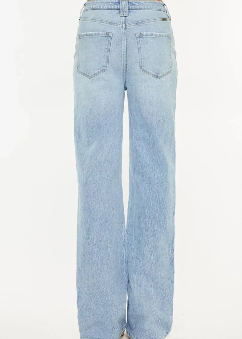 Light wash high-rise jeans with a relaxed fit and distressed details, shown from the back.