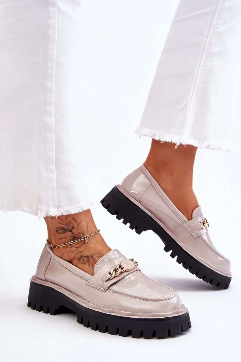 Beige Grey Eco Leather Moccasins with Chain Detail