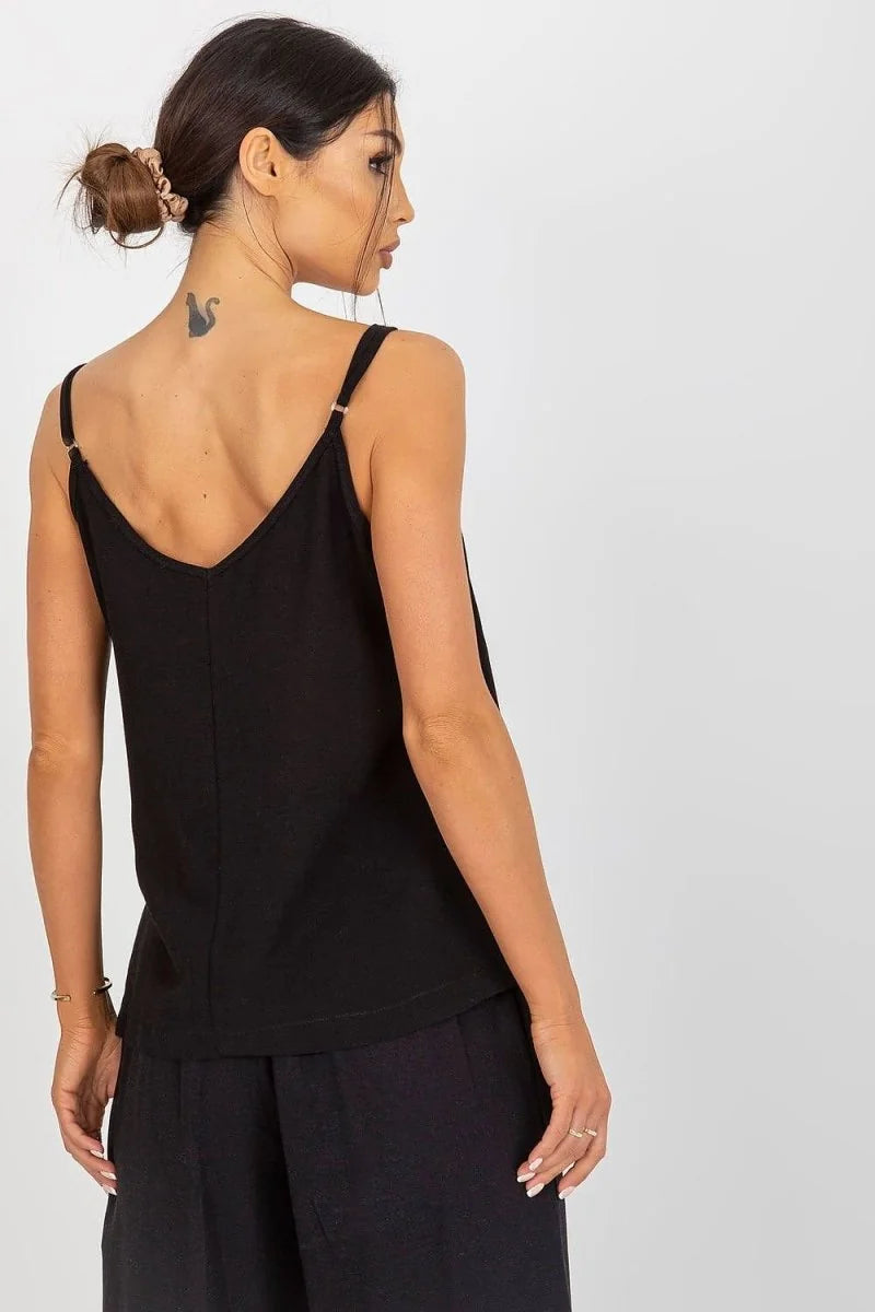 Black linen-blend camisole with adjustable straps shown from the back on a model.