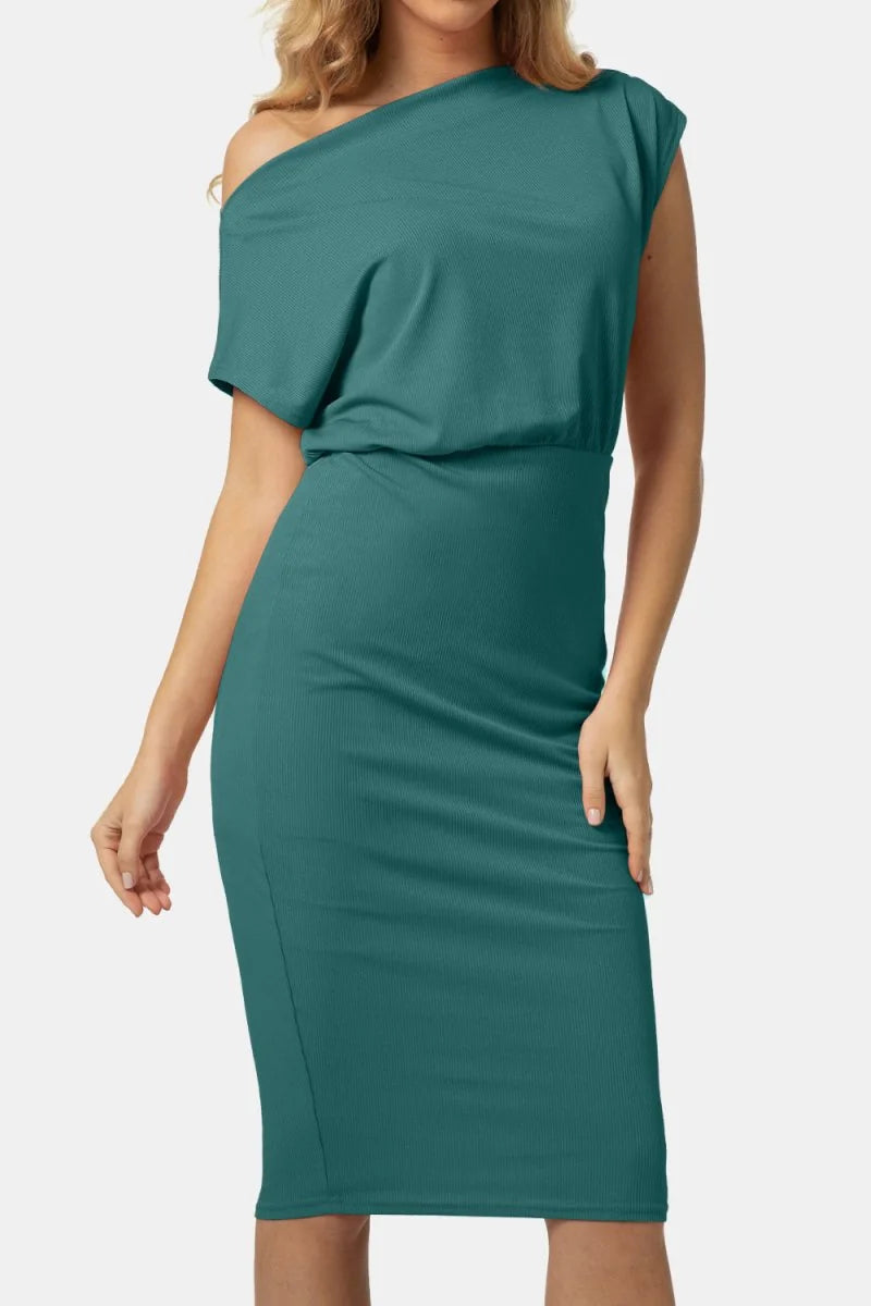 Turquoise ribbed one-shoulder midi dress with a ruched waistband on a model.