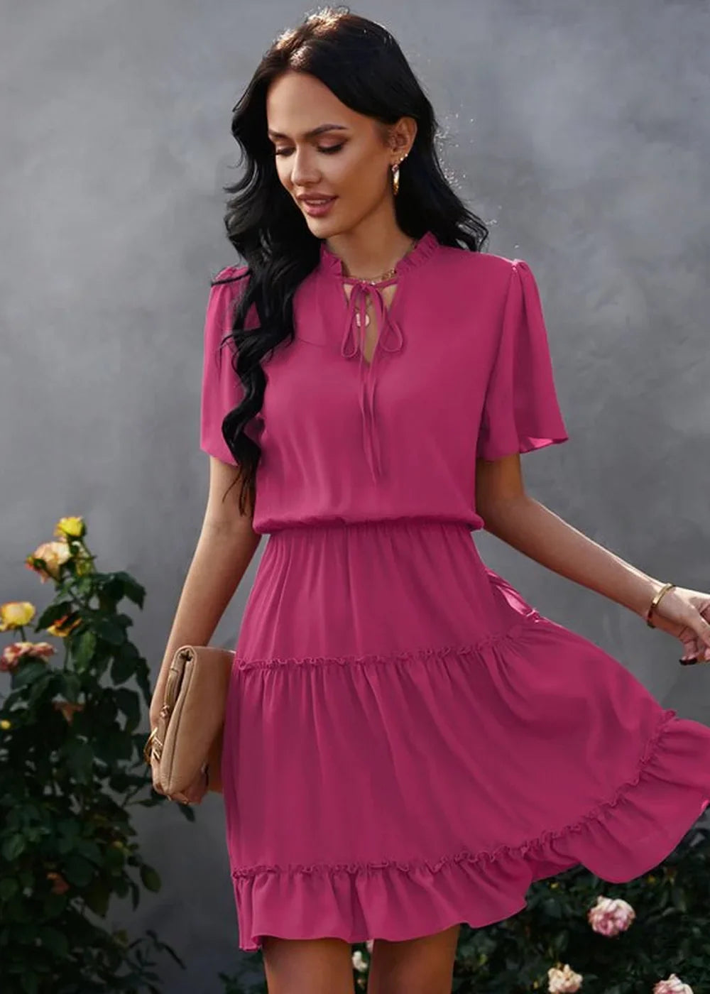 Rose high neck ruffle dress