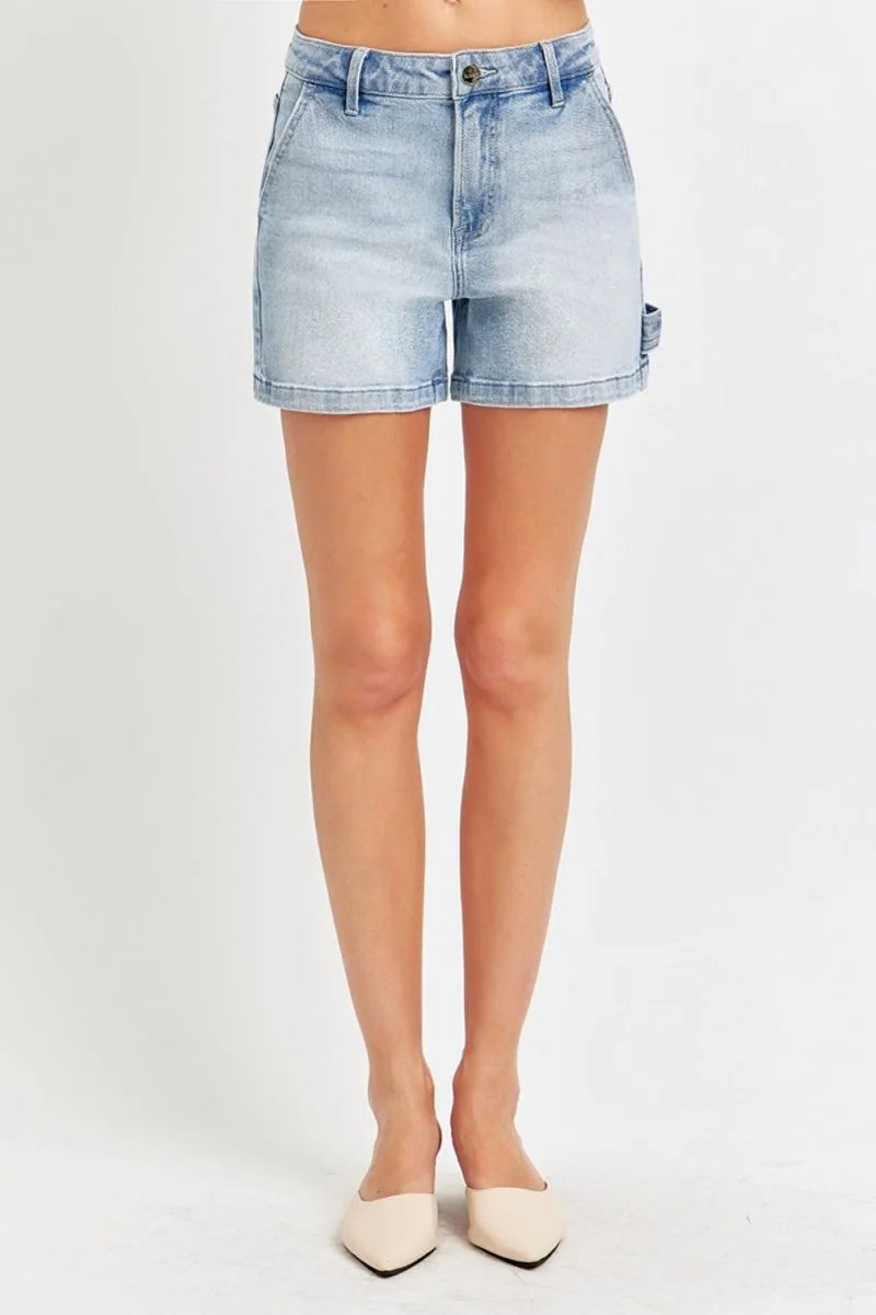 Light wash denim shorts with a slightly stretchy, regular fit, featuring a tool pocket detail.